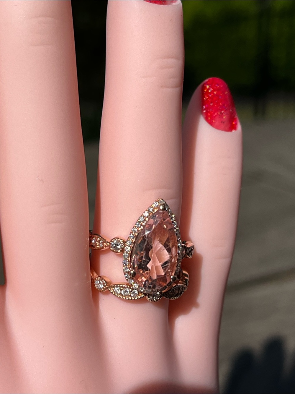 Estate 14K Rose Gold Pear Genuine Morganite Ring with Accent Band